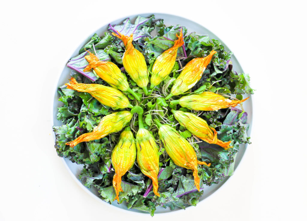 Stuffed Squash Blossom Kale Salad by Diverse Dinners