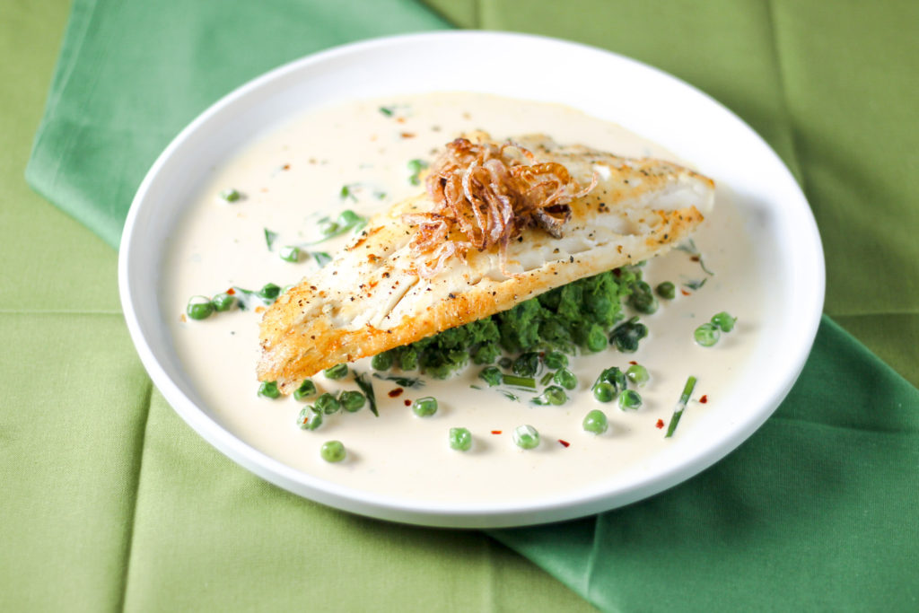 Haddock with Pea Puree and Cream Sauce by Diverse Dinners