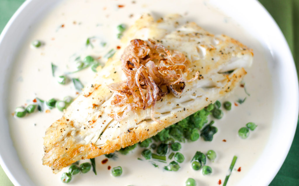 Haddock with Pea Puree and Cream Sauce by Diverse Dinners