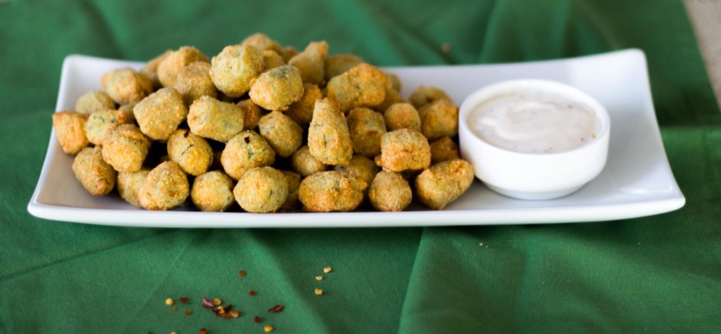 Fried Okra Bites with Pepper Dip by Diverse Dinners