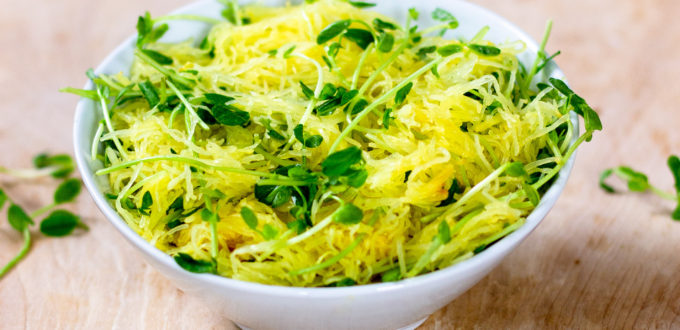 Roasted Spaghetti Squash with Pea Shoots by Diverse Dinners