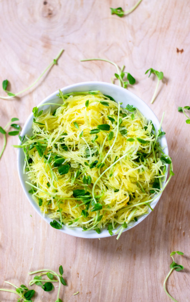 Roasted Spaghetti Squash with Pea Shoots by Diverse Dinners